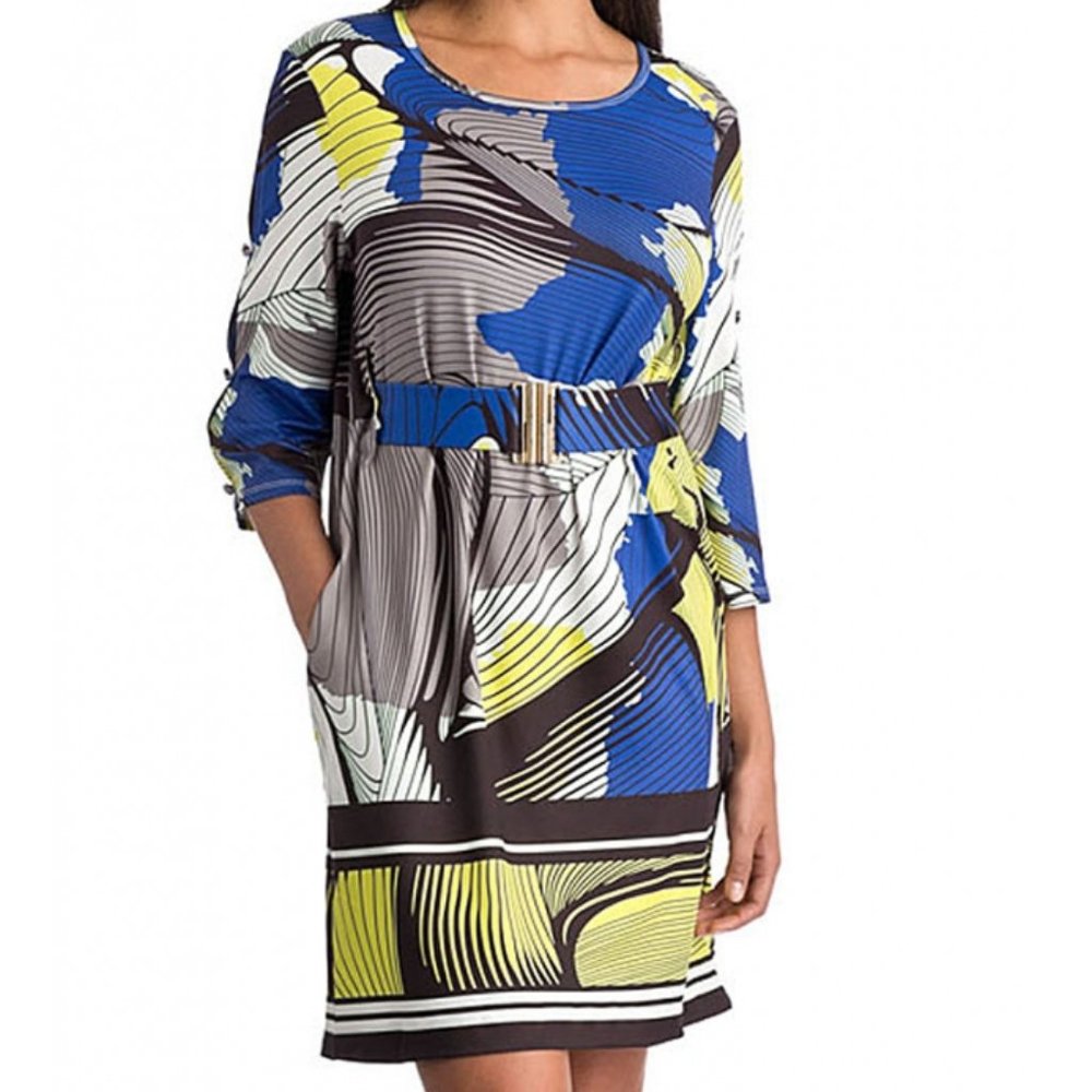 Marisa Kenson Geometric Cobal Lime White 3/4 Sleeves Mini Dress - size S NWT